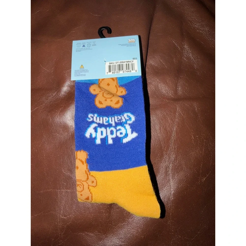 Teddy Grahams Crew Socks Fits Men Shoe Size 6-12 Blue Yellow Bear Novelty